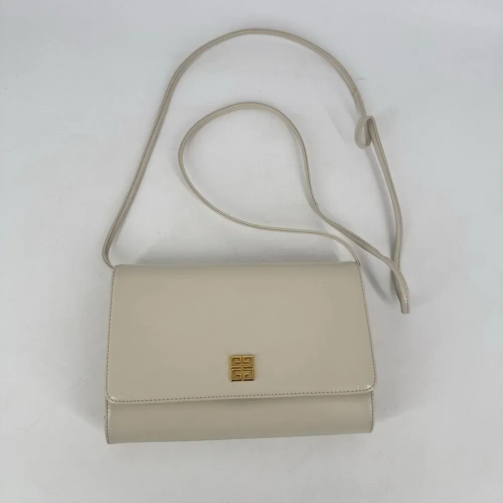 Vintage Givenchy Paris Ivory Leather Crossbody Flap Bag Gold Logo